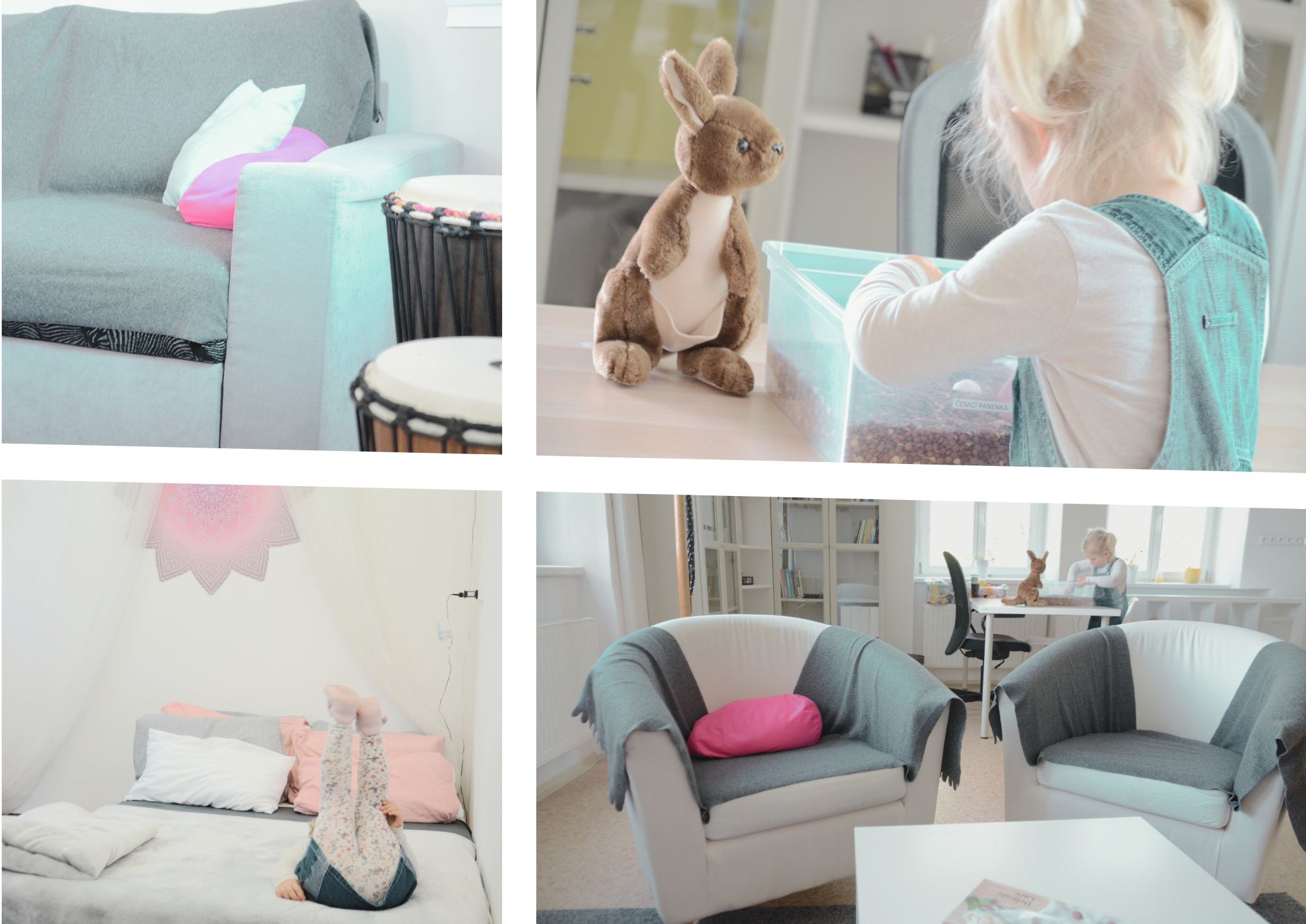 Koláž fotografií poradny, gauč, hrající si dítě, relaxační postel, křesla,  