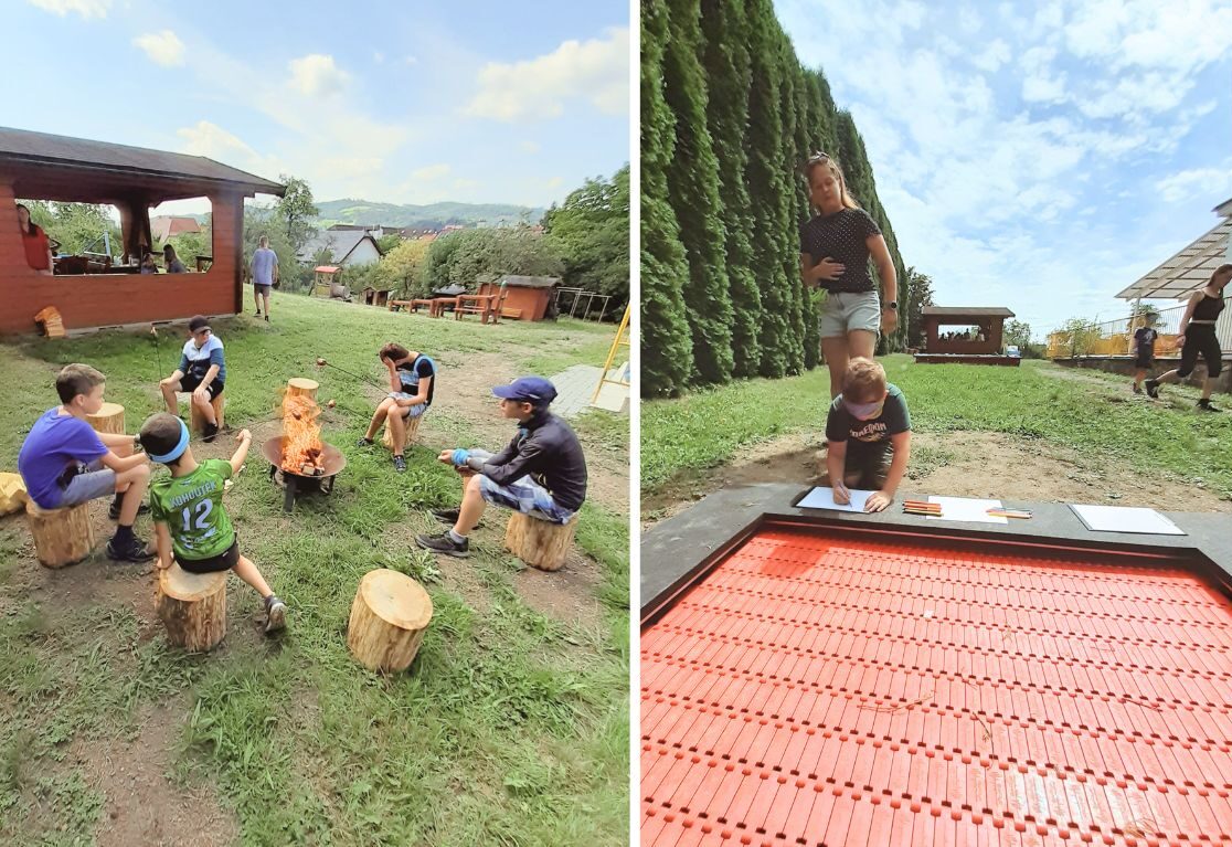zahrada Centra AČKO, ohniště a trampolína